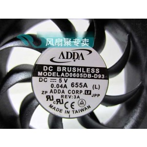 ADDA AD0605DB-D93 5V 0.04A 3wires Cooling Fan
